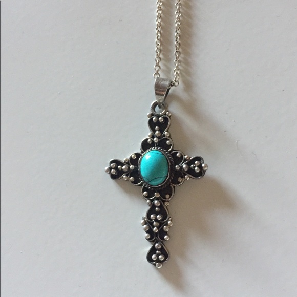 STERLING SILVER CROSS PENDANT WITH TURQUOISE EUC
